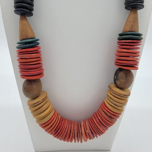 Wood Beaded Necklace Tribal Boho Ethnic Rainbow Colorful Discs Statement Long - Picture 2 of 4